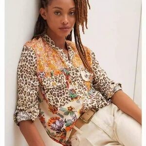 Anthropologie patchwork animal print button down